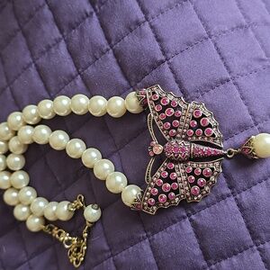 Heidi Daus Elegant Pearl and Pink Swarovski Crystal Butterfly Drop Necklace